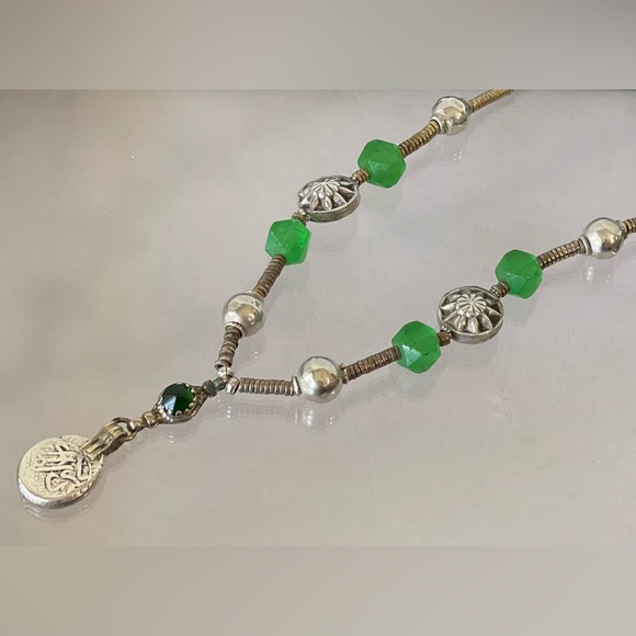 Hand Crafted Jewelry - Antique Rupee 1870’s 1880’s Sterling Silver Emerald handcrafted necklace
